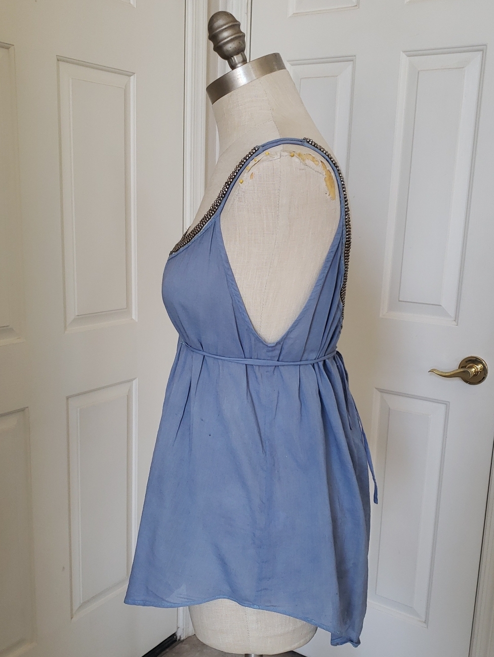 💐 Free People Vintage Boho Bead Trim Camisole Blue Festival Tank Top SMALL - Picture 3 of 11